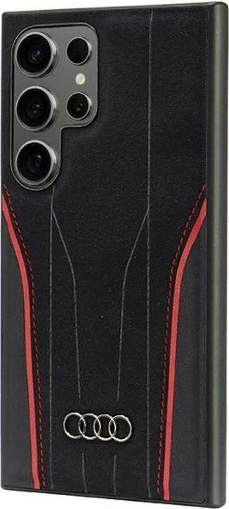 Audi Genuine Leather MagSafe S24 Ultra S928 juodos spalvos-red kietas dėklas AU-TPUPCS24U-R8/D3-RD