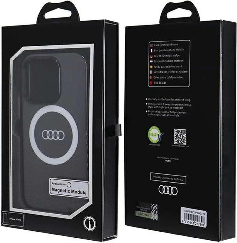 Audi IML Big Logo MagSafe Dėklas Apple iPhone 15 Pro 6.1″ juodos spalvos hardcase AU-IMLMIP15P-Q5/D2-BK