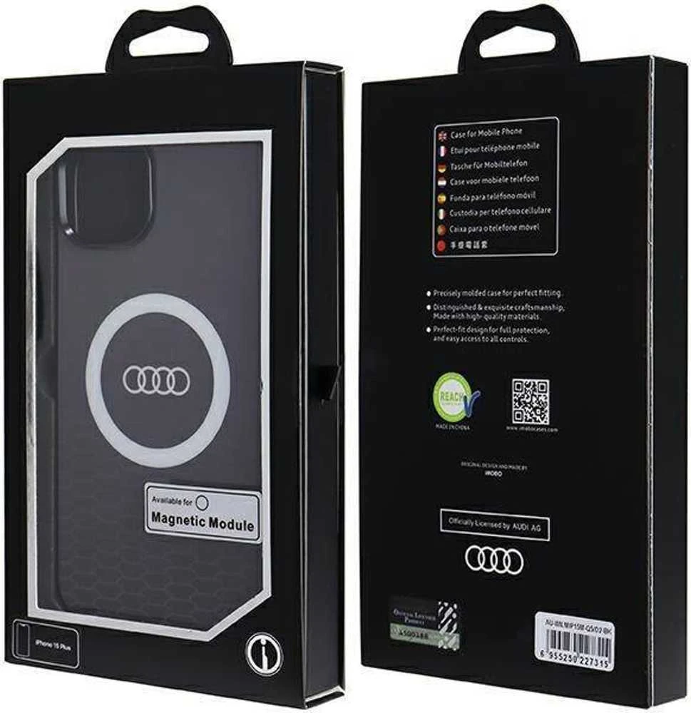 Audi IML Big Logo MagSafe Dėklas Apple iPhone 15 Plus / 14 Plus 6.7″ juodos spalvos hardcase AU-IMLMIP15M-Q5/D2