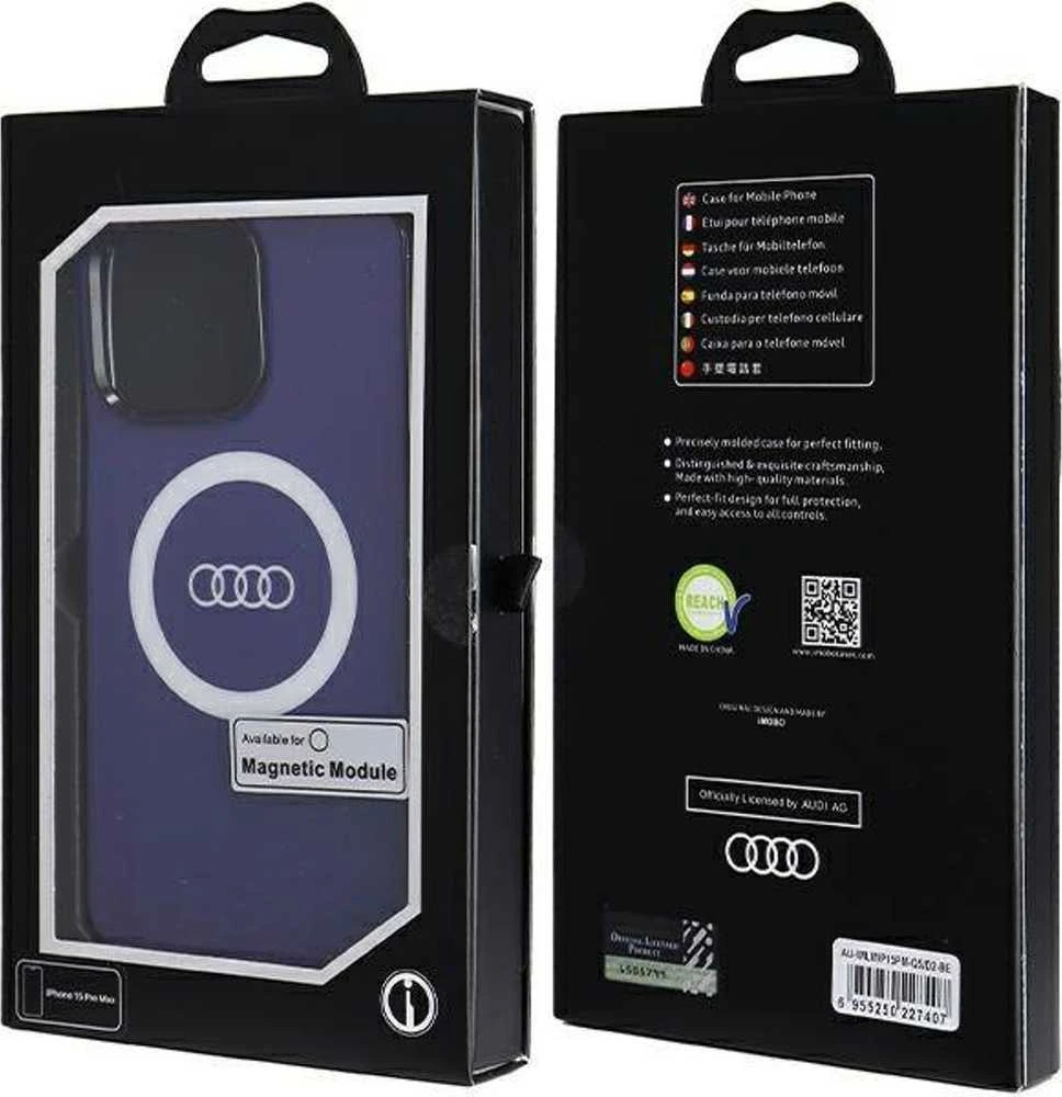 Audi IML Big Logo MagSafe Dėklas Apple iPhone 15 Pro Max 6.7″ mėlynos spalvos hardcase AU-IMLMIP15PM-Q5/D
