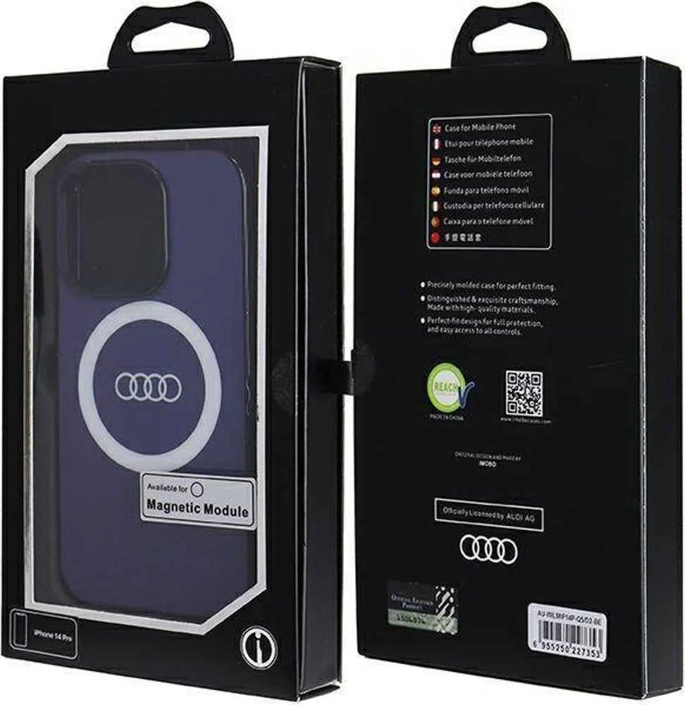 Audi IML Big Logo MagSafe Dėklas Apple iPhone 14 Pro 6.1″ mėlynos spalvos hardcase AU-IMLMIP14P-Q5/D2-BE