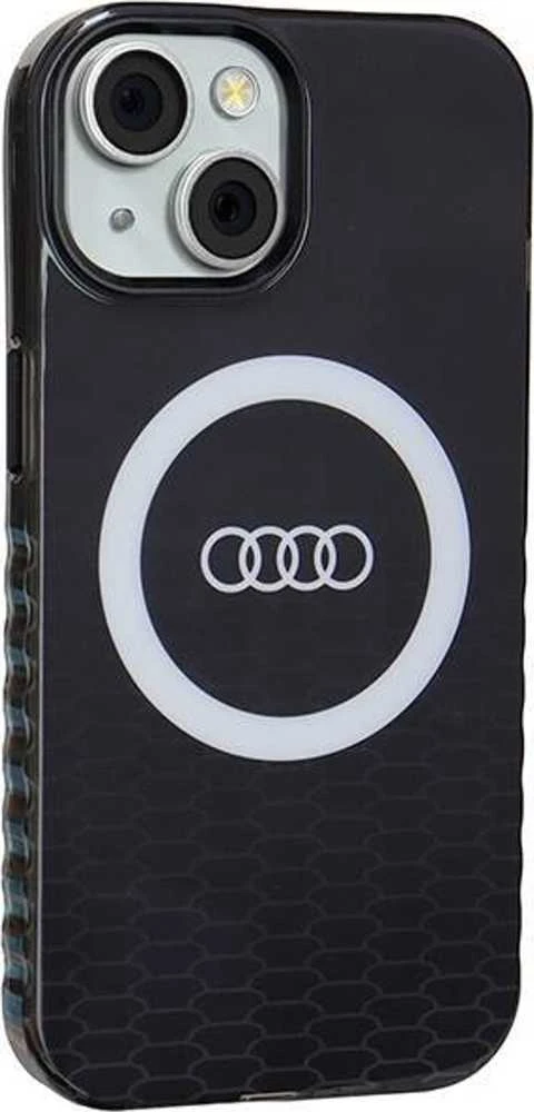 Audi IML Big Logo MagSafe Dėklas Apple iPhone 15 / 14 / 13 6.1″ juodos spalvos hardcase AU-IMLMIP15-Q5/D2-BK