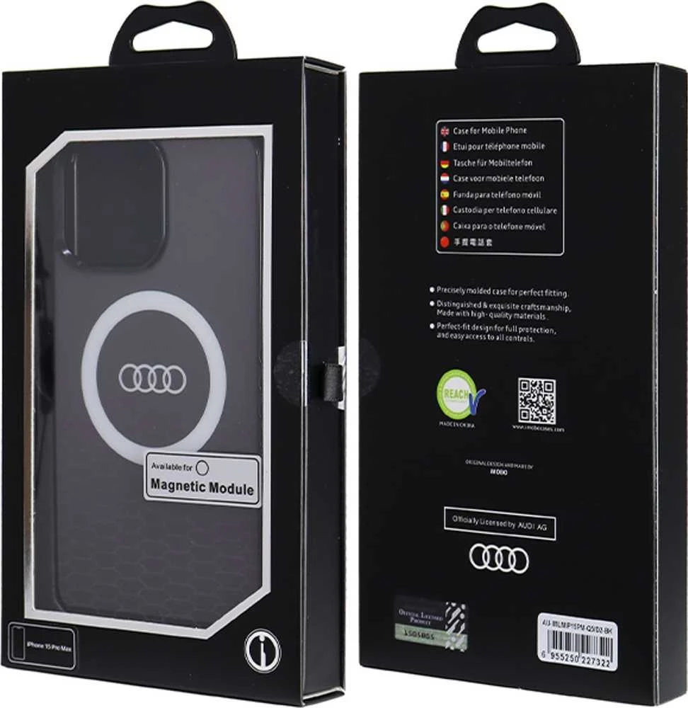 Audi IML Big Logo MagSafe Dėklas Apple iPhone 15 Pro 6.1″ juodos spalvos hardcase AU-IMLMIP15P-Q5/D2-BK