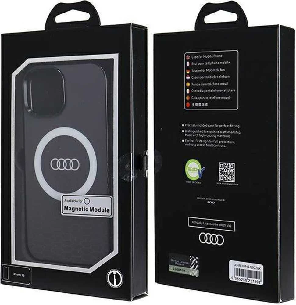 Audi IML Big Logo MagSafe Dėklas Apple iPhone 15 / 14 / 13 6.1″ juodos spalvos hardcase AU-IMLMIP15-Q5/D2-BK