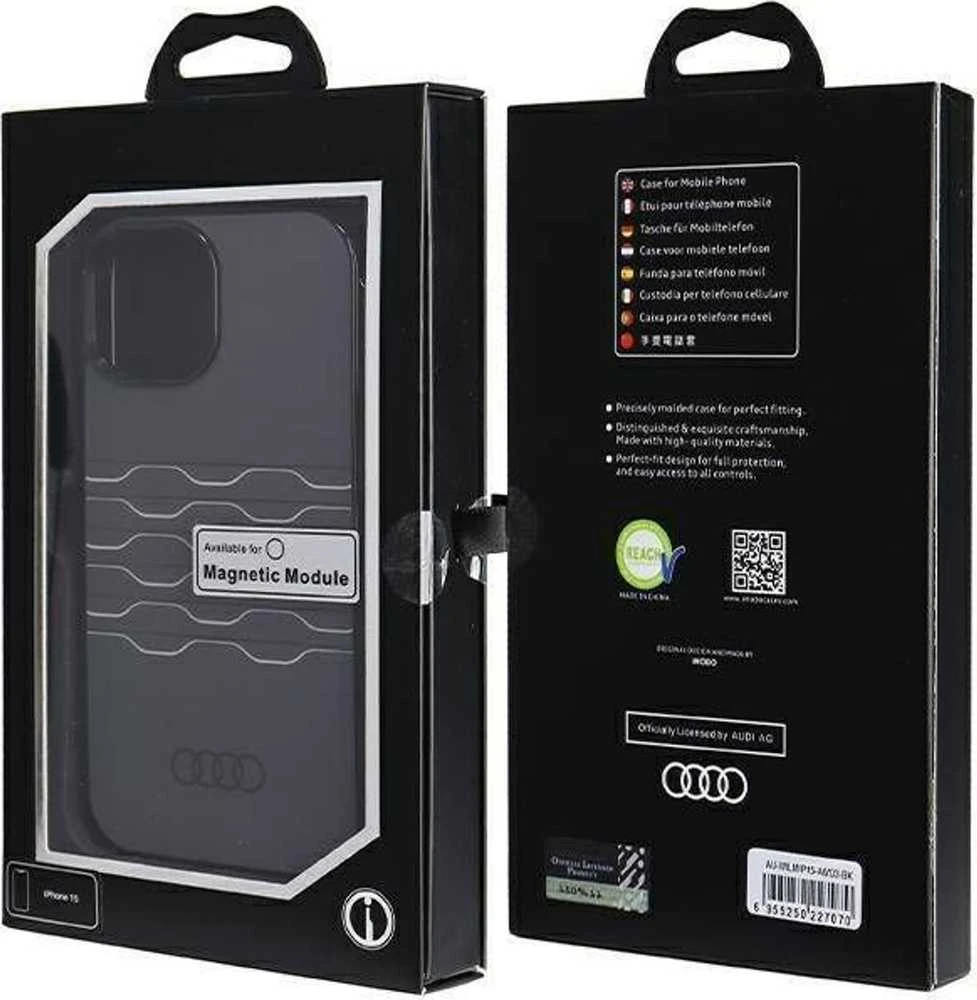Audi IML MagSafe Dėklas Apple iPhone 15 / 14 / 13 6.1″ juodos spalvos hardcase AU-IMLMIP15-A6/D3-BK