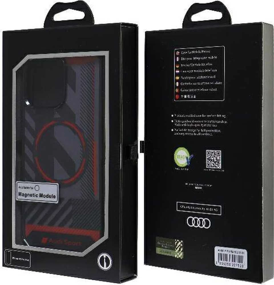 Audi IML Sport MagSafe dėklas Apple iPhone 15 Pro Max 6.7″ juodos spalvos hardcase AU-IMLMIP15PM-RSQ/D2-BK