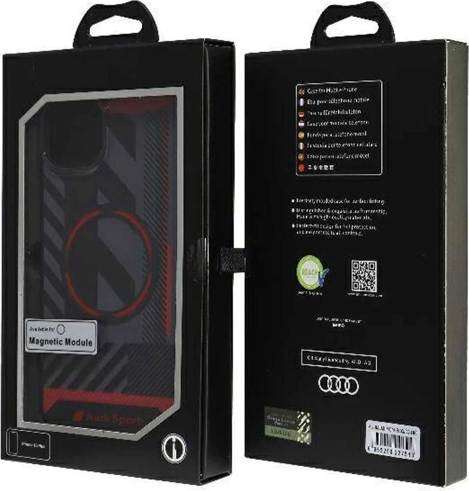 Audi IML Sport MagSafe dėklas Apple iPhone 15 Plus / 14 Plus 6.7″ juodos spalvos hardcase AU-IMLMIP15M-RSQ/D2-BK