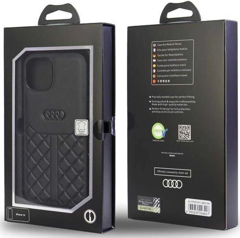 Audi Genuine Leather Apple iPhone 11 / Xr 6.1″ juodos spalvos kietas dėklas AU-TPUPCIP11R-Q8/D1-BK