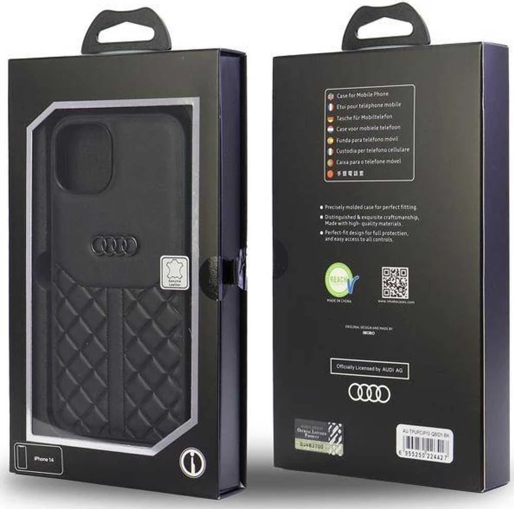 Audi Genuine Leather Apple iPhone 12 / 12 Pro 6.1″ juodos spalvos kietas dėklas AU-TPUPCIP12 P-Q8/D1-BK