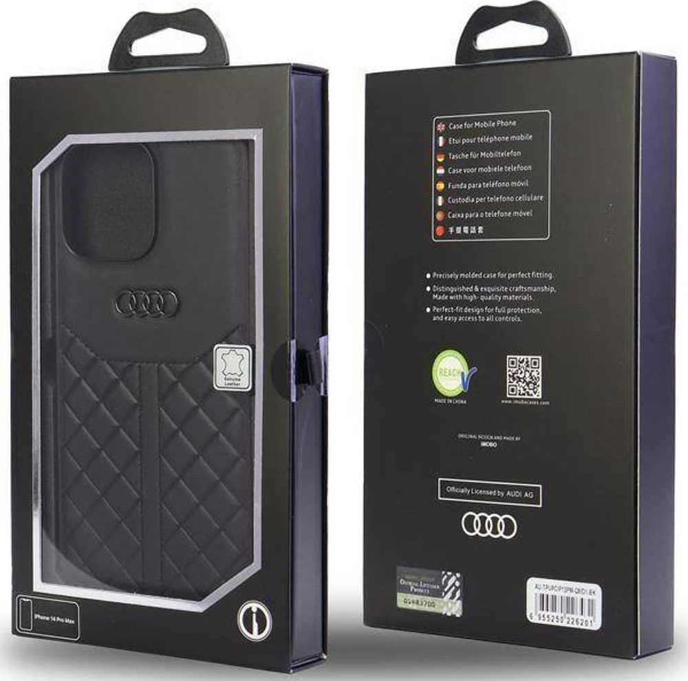 Audi Genuine Leather Apple iPhone 13 Pro Max 6.7″ juodos spalvos kietas dėklas AU-TPUPCIP13 PM-Q8/D1-BK