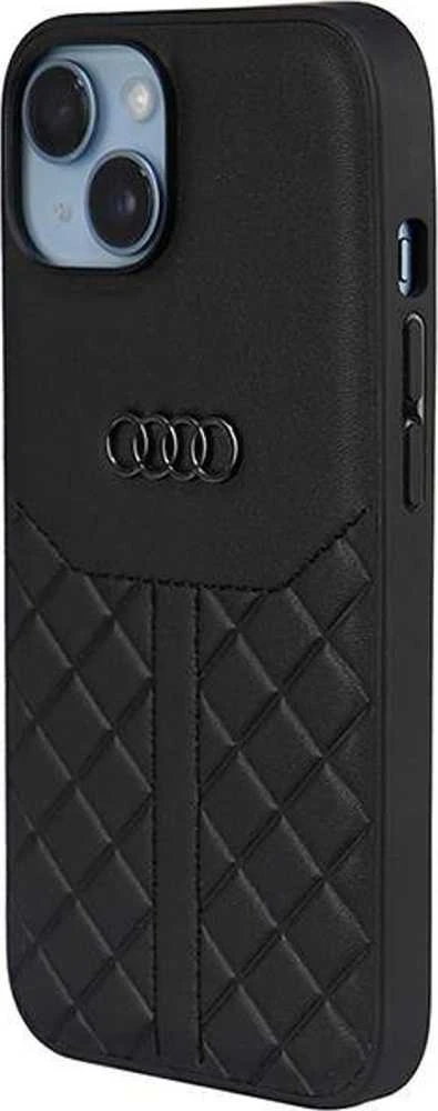 Audi Genuine Leather Apple iPhone 14 / 15 / 13 6.1″ juodos spalvos kietas dėklas AU-TPUPCIP14-Q8/D1-BK