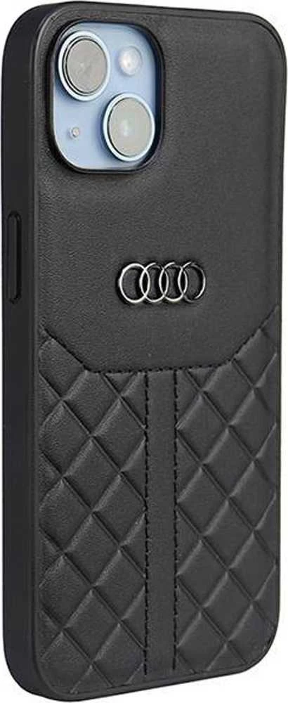 Audi Genuine Leather Apple iPhone 14 / 15 / 13 6.1″ juodos spalvos kietas dėklas AU-TPUPCIP14-Q8/D1-BK