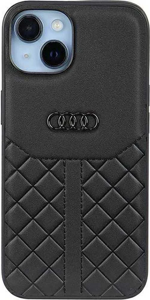 Audi Genuine Leather Apple iPhone 14 / 15 / 13 6.1″ juodos spalvos kietas dėklas AU-TPUPCIP14-Q8/D1-BK