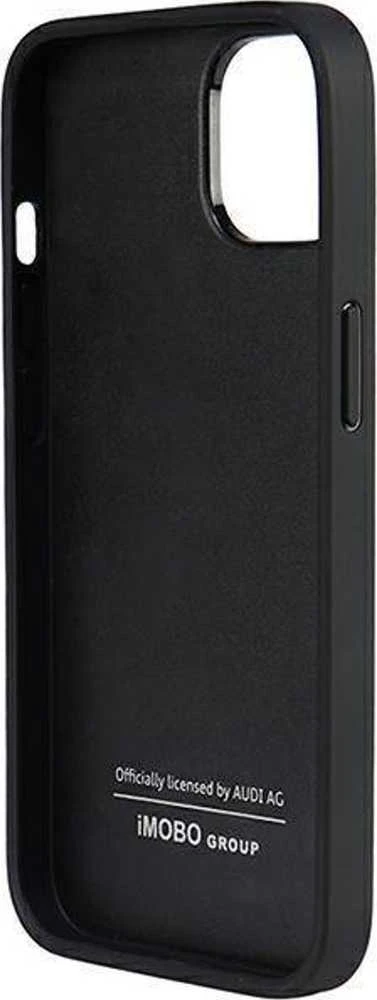 Audi Genuine Leather Apple iPhone 14 / 15 / 13 6.1″ juodos spalvos kietas dėklas AU-TPUPCIP14-Q8/D1-BK
