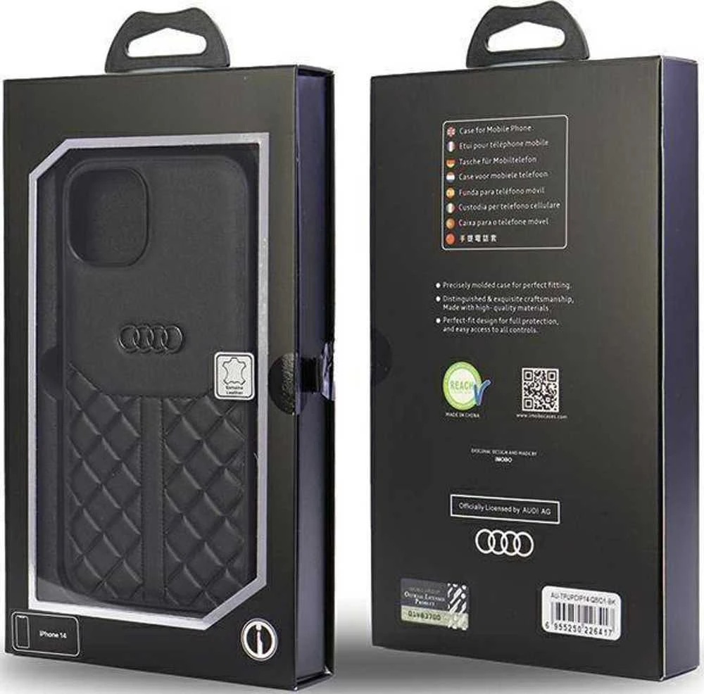 Audi Genuine Leather Apple iPhone 14 / 15 / 13 6.1″ juodos spalvos kietas dėklas AU-TPUPCIP14-Q8/D1-BK