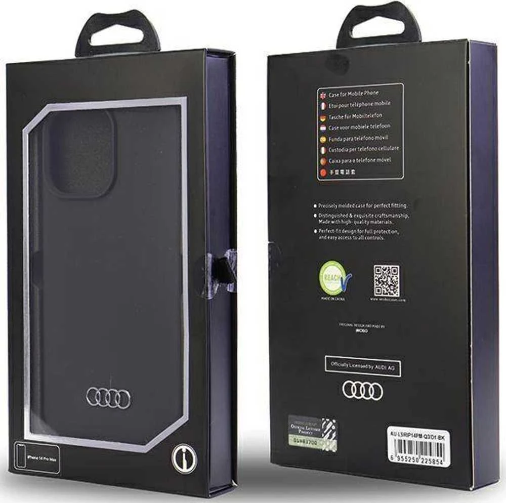 Audi Silicone Dėklas Apple iPhone 14 Pro Max 6.7″ juodos spalvos kietas dėklas AU-LSRIP14PM-Q3/D1-BK