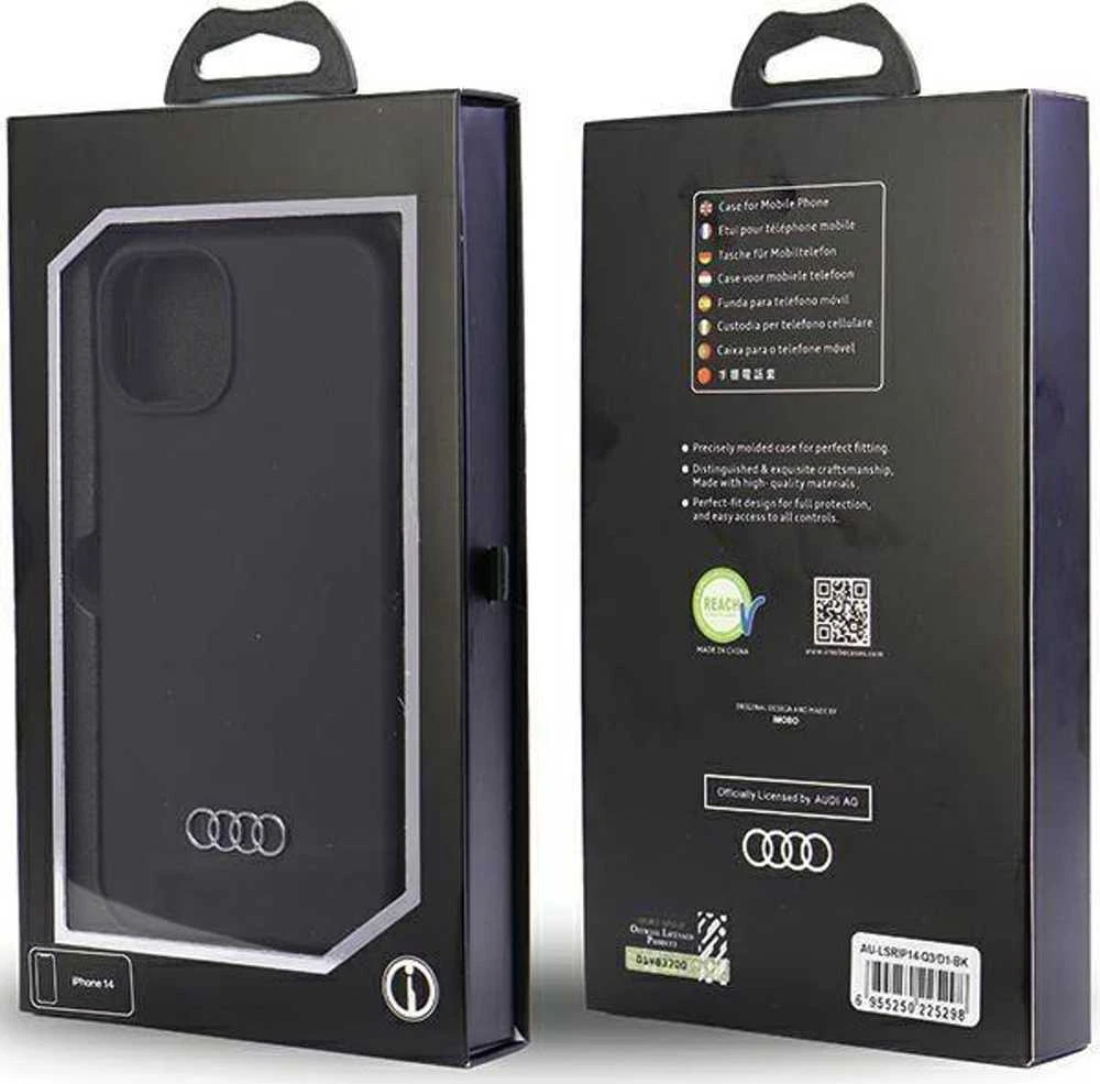 Audi Silicone Dėklas Apple iPhone 14 / 15 / 13 6.1″ juodos spalvos kietas dėklas AU-LSRIP14-Q3/D1-BK
