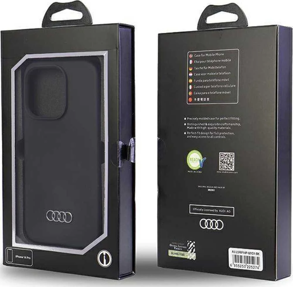 Audi Silicone Dėklas Apple iPhone 14 Pro 6.1″ juodos spalvos kietas dėklas AU-LSRIP14P-Q3/D1-BK