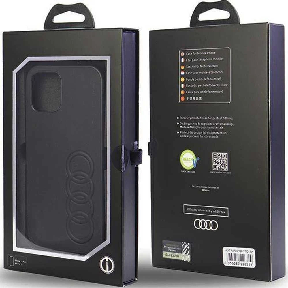 Audi Synthetic Leather Apple iPhone 12 / 12 Pro 6.1″ juodos spalvos kietas dėklas AU-TPUPCIP12 P-TT/D1-BK
