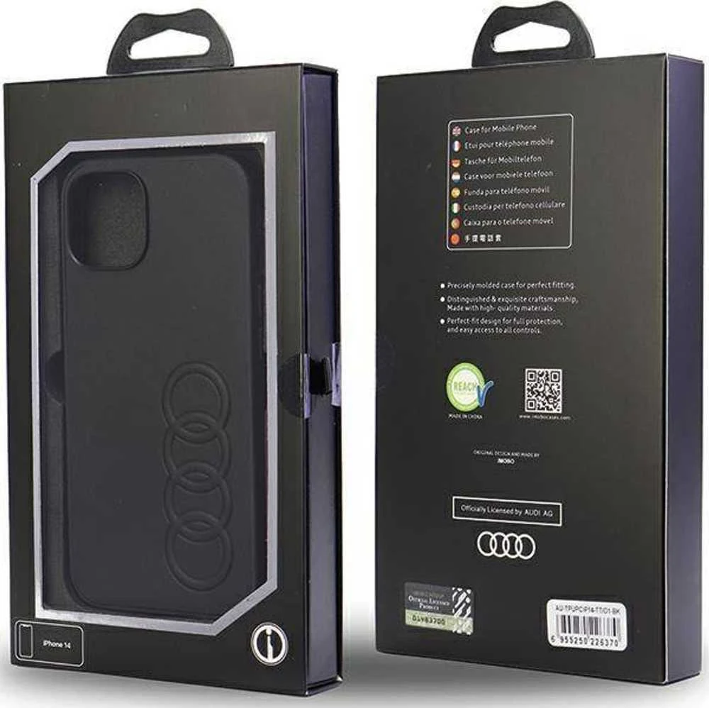 Audi Synthetic Leather Apple iPhone 14 / 15 / 13 6.1″ juodos spalvos kietas dėklas AU-TPUPCIP14-TT/D1-BK