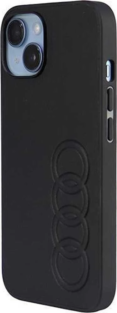 Audi Synthetic Leather Apple iPhone 14 / 15 / 13 6.1″ juodos spalvos kietas dėklas AU-TPUPCIP14-TT/D1-BK