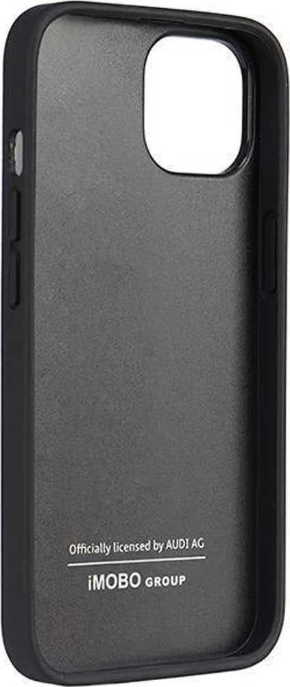 Audi Synthetic Leather Apple iPhone 14 / 15 / 13 6.1″ juodos spalvos kietas dėklas AU-TPUPCIP14-TT/D1-BK