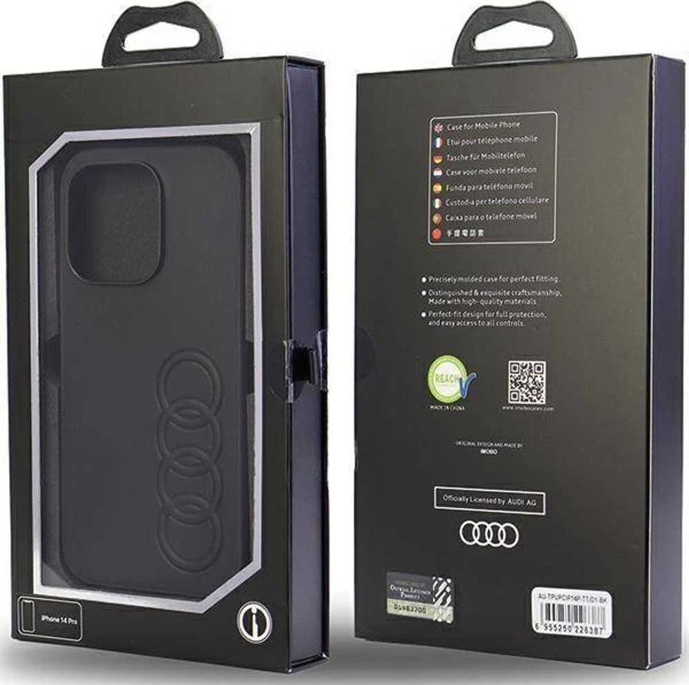 Audi Synthetic Leather Apple iPhone 14 Pro 6.1″ juodos spalvos kietas dėklas AU-TPUPCIP14P-TT/D1-BK