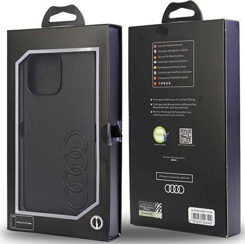 Audi Synthetic Leather Apple iPhone 14 Pro Max 6.7″ juodos spalvos kietas dėklas AU-TPUPCIP14PM-TT/D1-BK