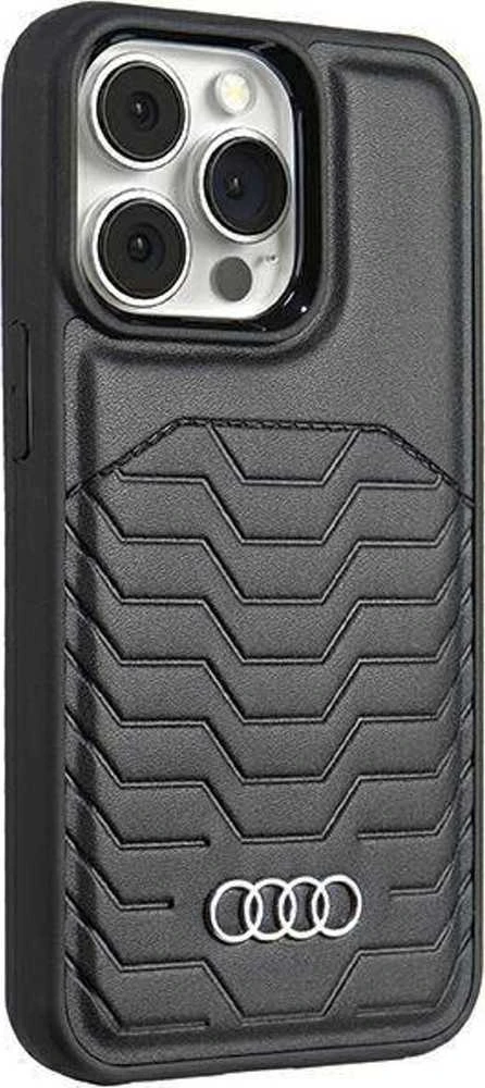 Audi Synthetic Leather MagSafe Apple iPhone 15 Pro 6.1″ juodos spalvos kietas dėklas AU-TPUPCMIP15P-GT/D3-BK