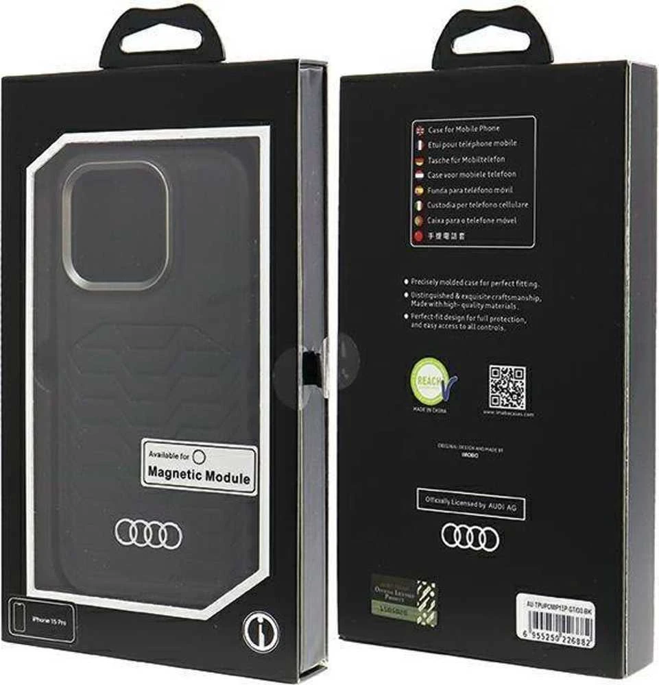 Audi Synthetic Leather MagSafe Apple iPhone 15 Pro 6.1″ juodos spalvos kietas dėklas AU-TPUPCMIP15P-GT/D3-BK