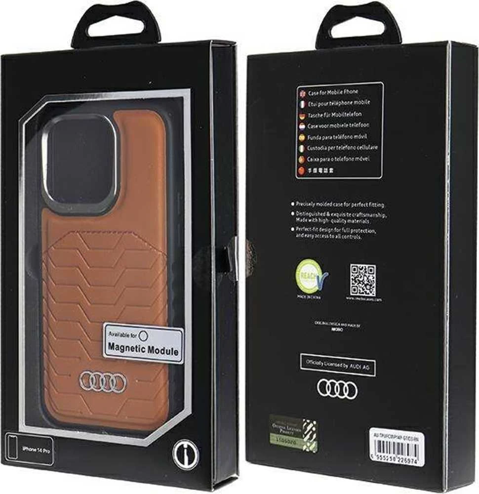 Audi Synthetic Leather MagSafe Apple iPhone 14 Pro 6.1″ rudos spalvos kietas dėklas AU-TPUPCMIP14P-GT/D3-BN
