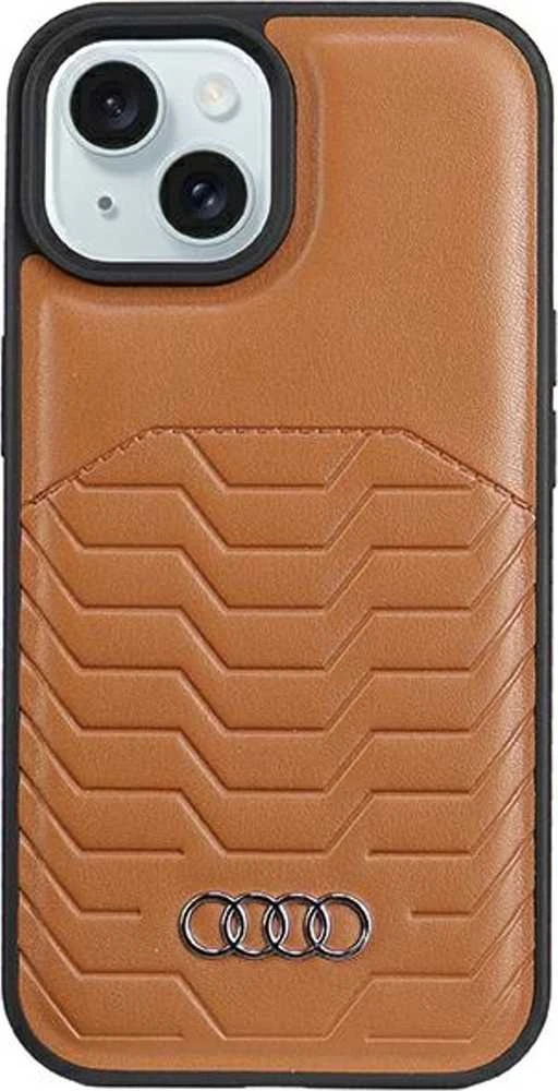 Audi Synthetic Leather MagSafe Apple iPhone 15 / 14 / 13 6.1″ rudos spalvos kietas dėklas AU-TPUPCMIP15-GT/D3-BN