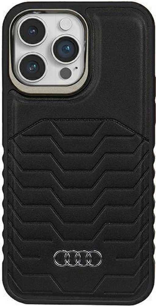 Audi Synthetic Leather MagSafe Apple iPhone 14 Pro 6.1″ juodos spalvos kietas dėklas AU-TPUPCMIP14P-GT/D3-BK