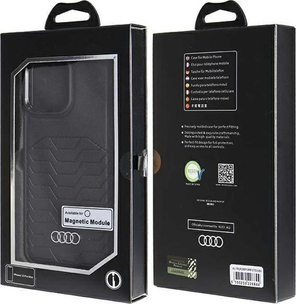 Audi Synthetic Leather MagSafe Apple iPhone 13 Pro Max 6.7″ juodos spalvos kietas dėklas AU-TPUPCMIP13 PM-GT/D3-BK