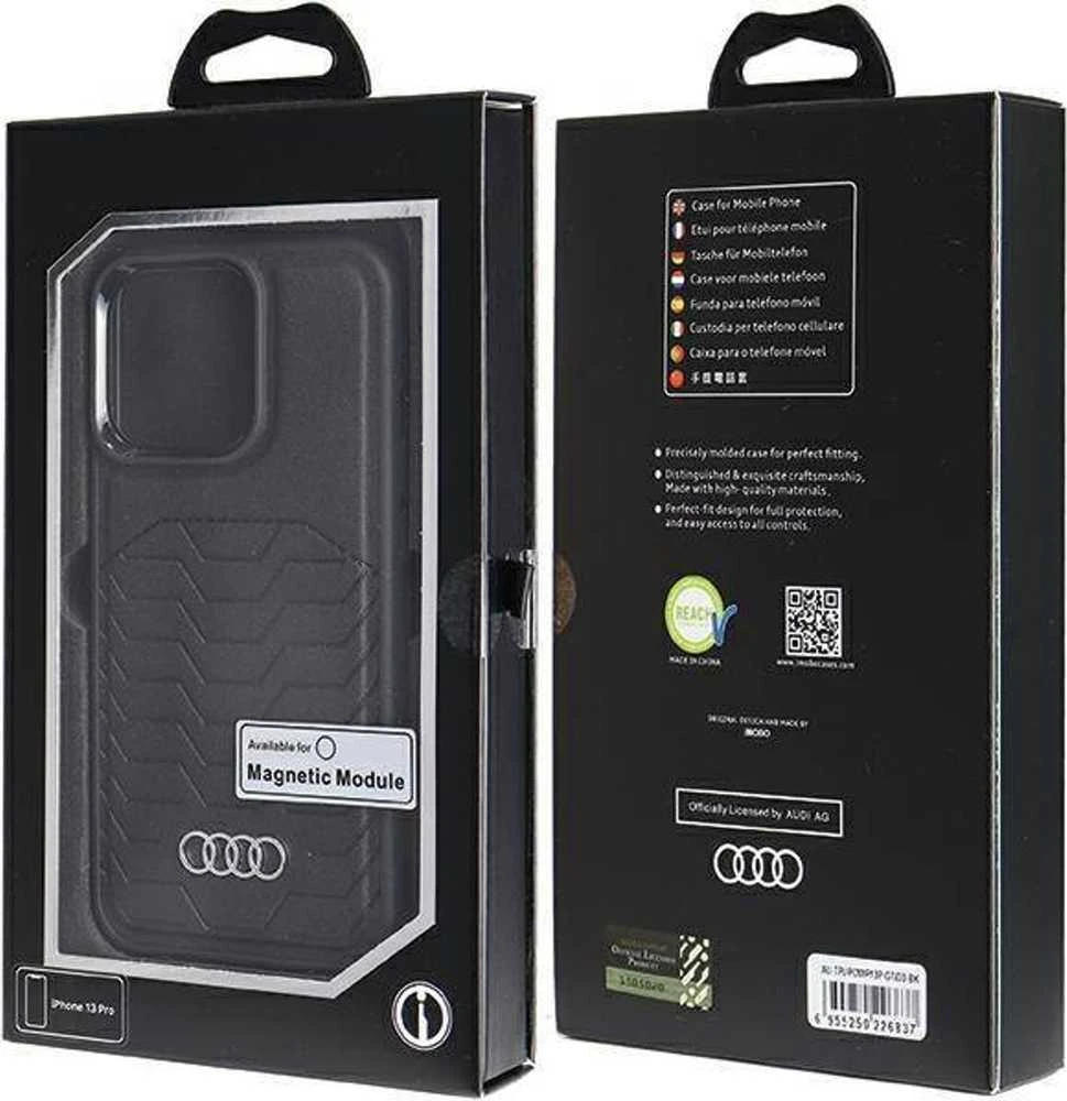 Audi Synthetic Leather MagSafe Apple iPhone 13 Pro / 13 6.1″ juodos spalvos kietas dėklas AU-TPUPCMIP13 P-GT/D3-BK