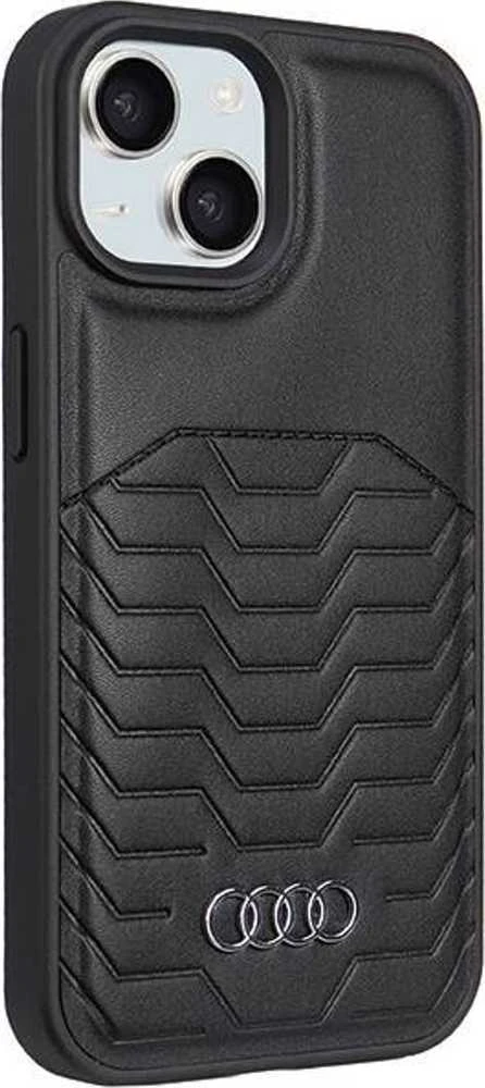 Audi Synthetic Leather MagSafe Apple iPhone 15 Plus / 14 Plus 6.7″ juodos spalvos kietas dėklas AU-TPUPCMIP15M-GT/