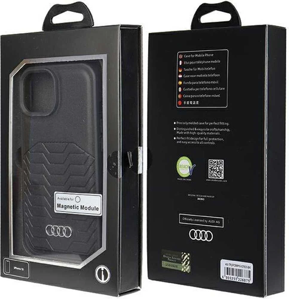 Audi Synthetic Leather MagSafe Apple iPhone 15 / 14 / 13 6.1″ juodos spalvos kietas dėklas AU-TPUPCMIP15-GT/D3-BK