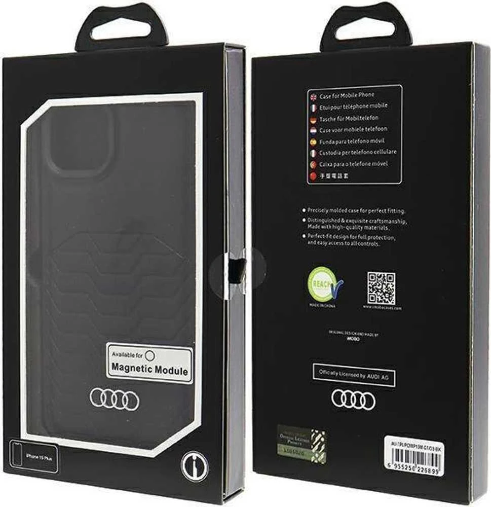 Audi Synthetic Leather MagSafe Apple iPhone 15 Plus / 14 Plus 6.7″ juodos spalvos kietas dėklas AU-TPUPCMIP15M-GT/