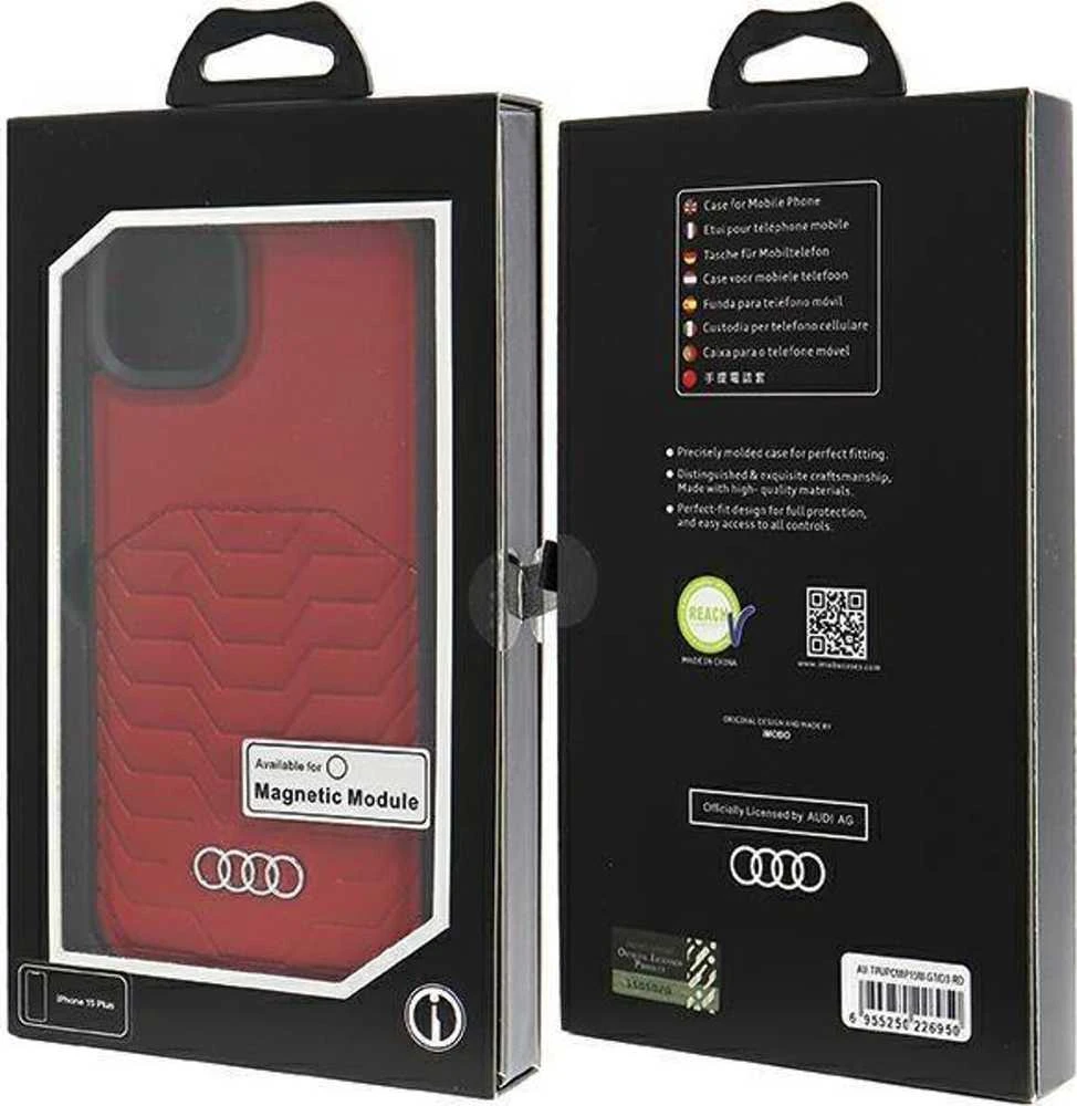 Audi Synthetic Leather MagSafe Apple iPhone 15 Plus / 14 Plus 6.7″ red kietas dėklas AU-TPUPCMIP15M-GT/
