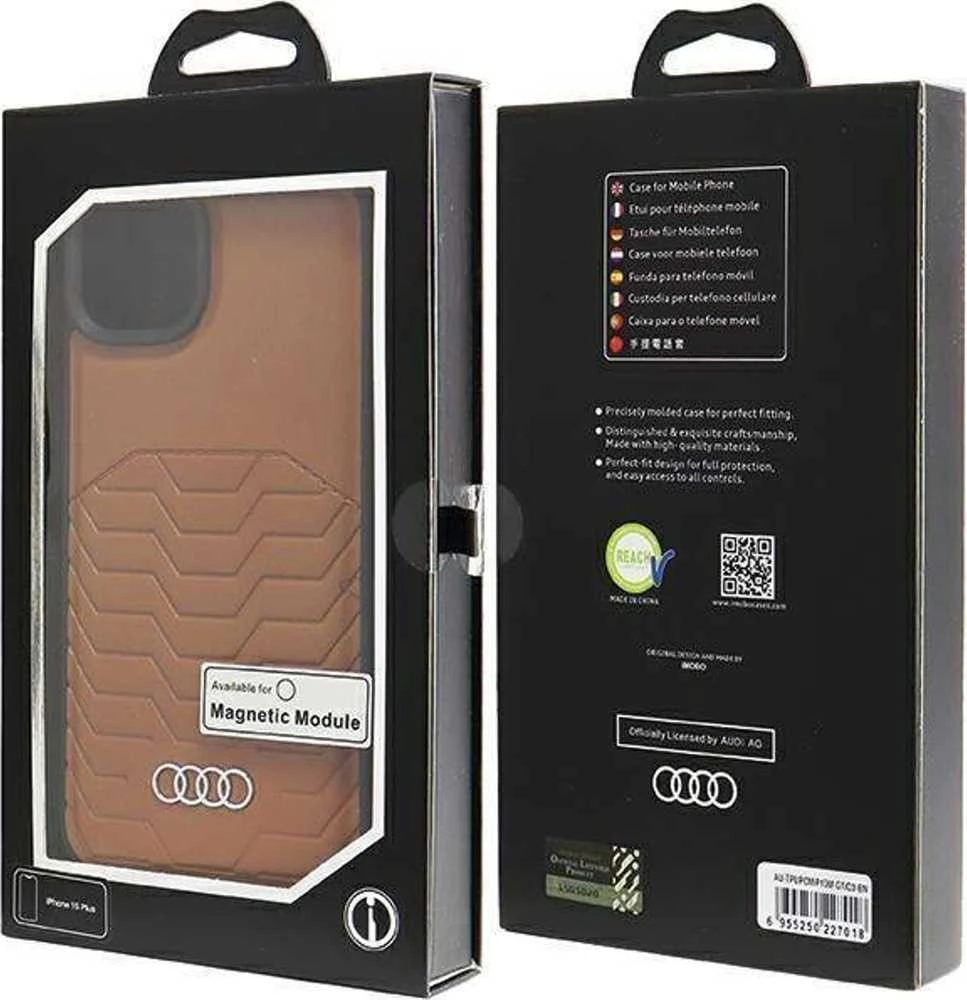 Audi Synthetic Leather MagSafe Apple iPhone 15 Plus / 14 Plus 6.7″ rudos spalvos kietas dėklas AU-TPUPCMIP15M-GT