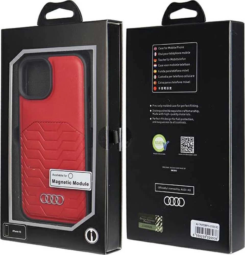 Audi Synthetic Leather MagSafe Apple iPhone 15 / 14 / 13 6.1″ red kietas dėklas AU-TPUPCMIP15-GT/D3-RD