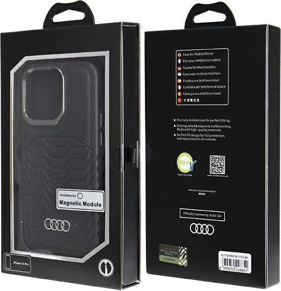 Audi Synthetic Leather MagSafe Apple iPhone 14 Pro 6.1″ juodos spalvos kietas dėklas AU-TPUPCMIP14P-GT/D3-BK
