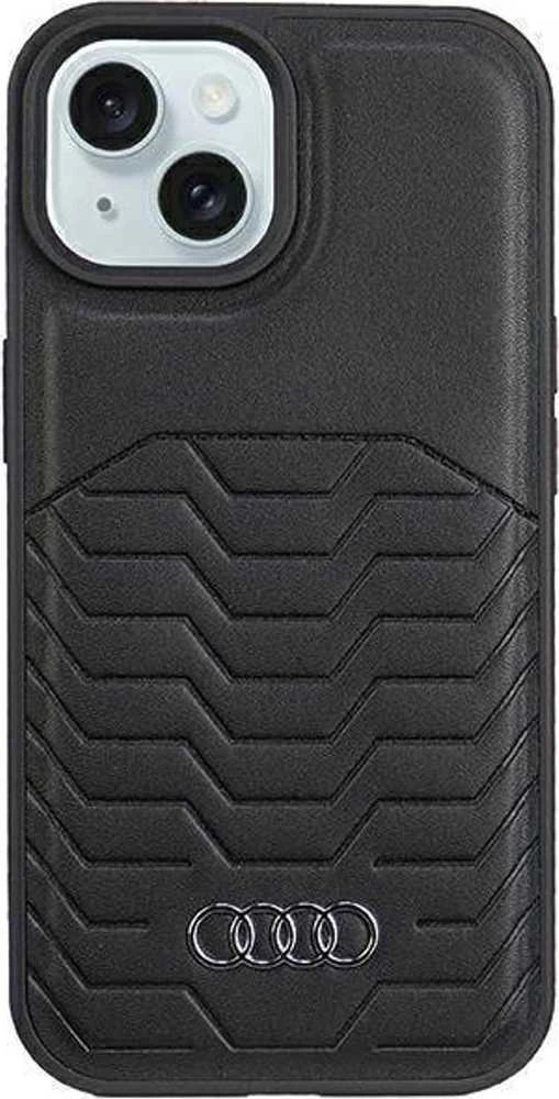 Audi Synthetic Leather MagSafe Apple iPhone 15 / 14 / 13 6.1″ juodos spalvos kietas dėklas AU-TPUPCMIP15-GT/D3-BK