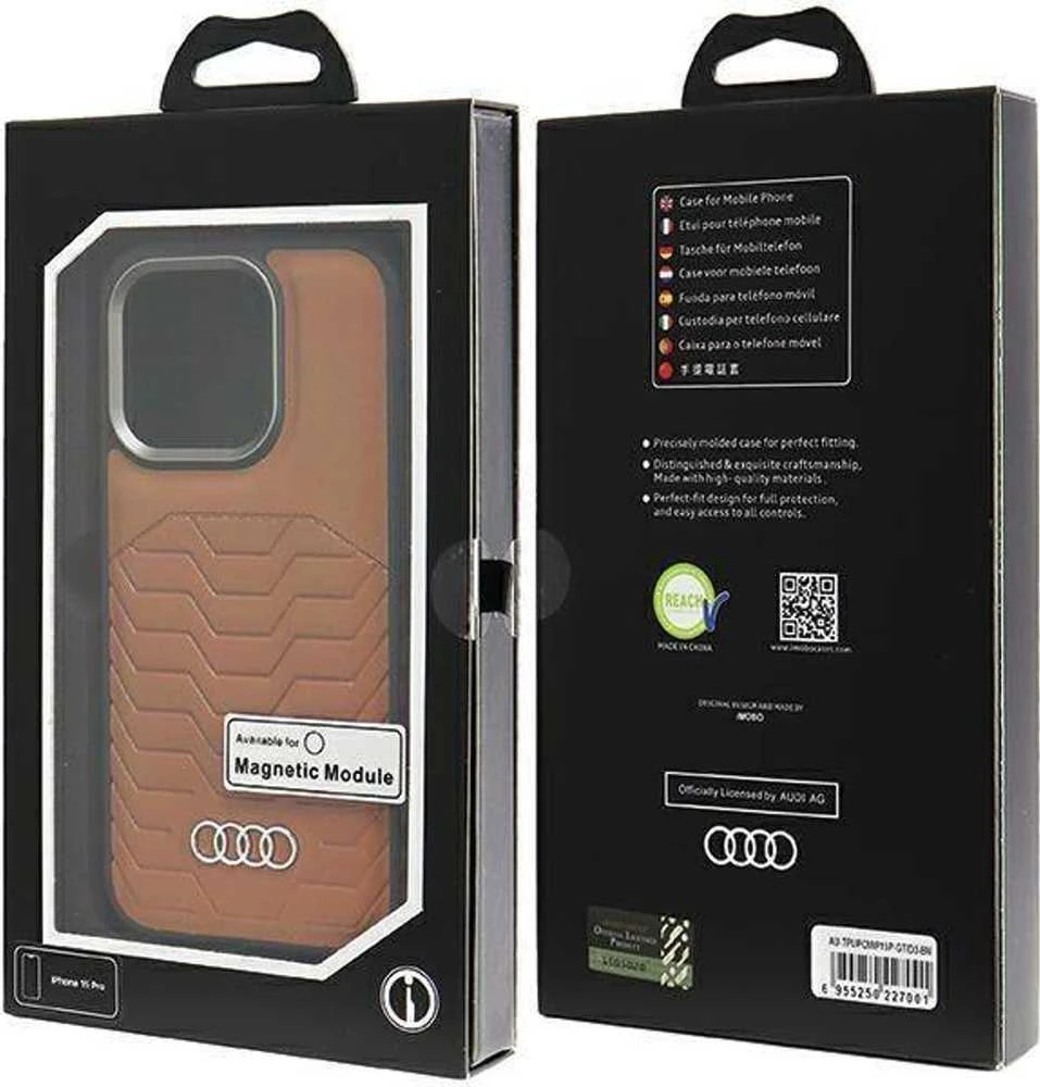 Audi Synthetic Leather MagSafe Apple iPhone 15 Pro 6.1″ rudos spalvos kietas dėklas AU-TPUPCMIP15P-GT/D3-BN