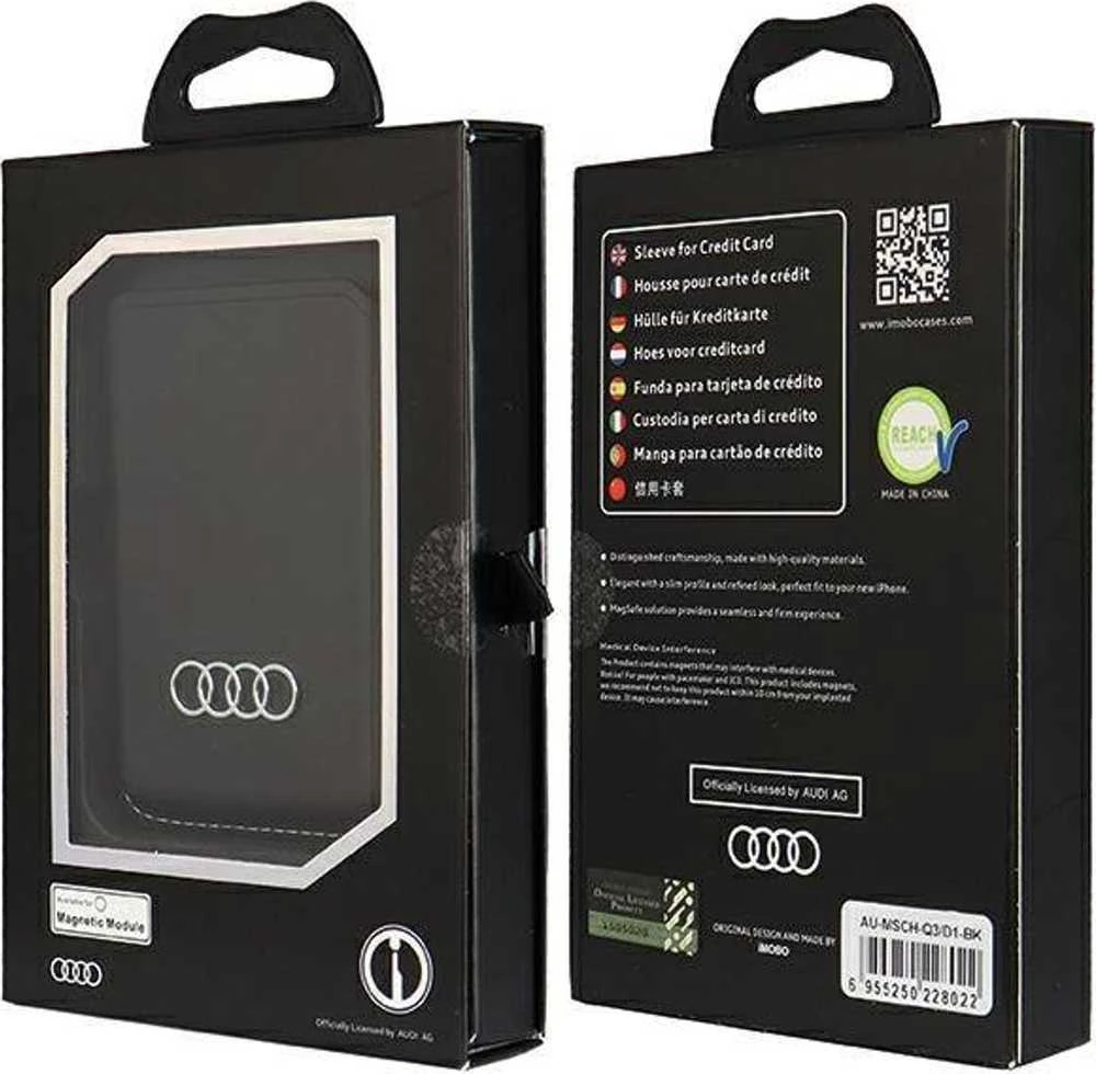 Dėklas Audi Synthetic Leather Wallet Card Slot juodos spalvos MagSafe AU-MSCH-Q3/D1-BK