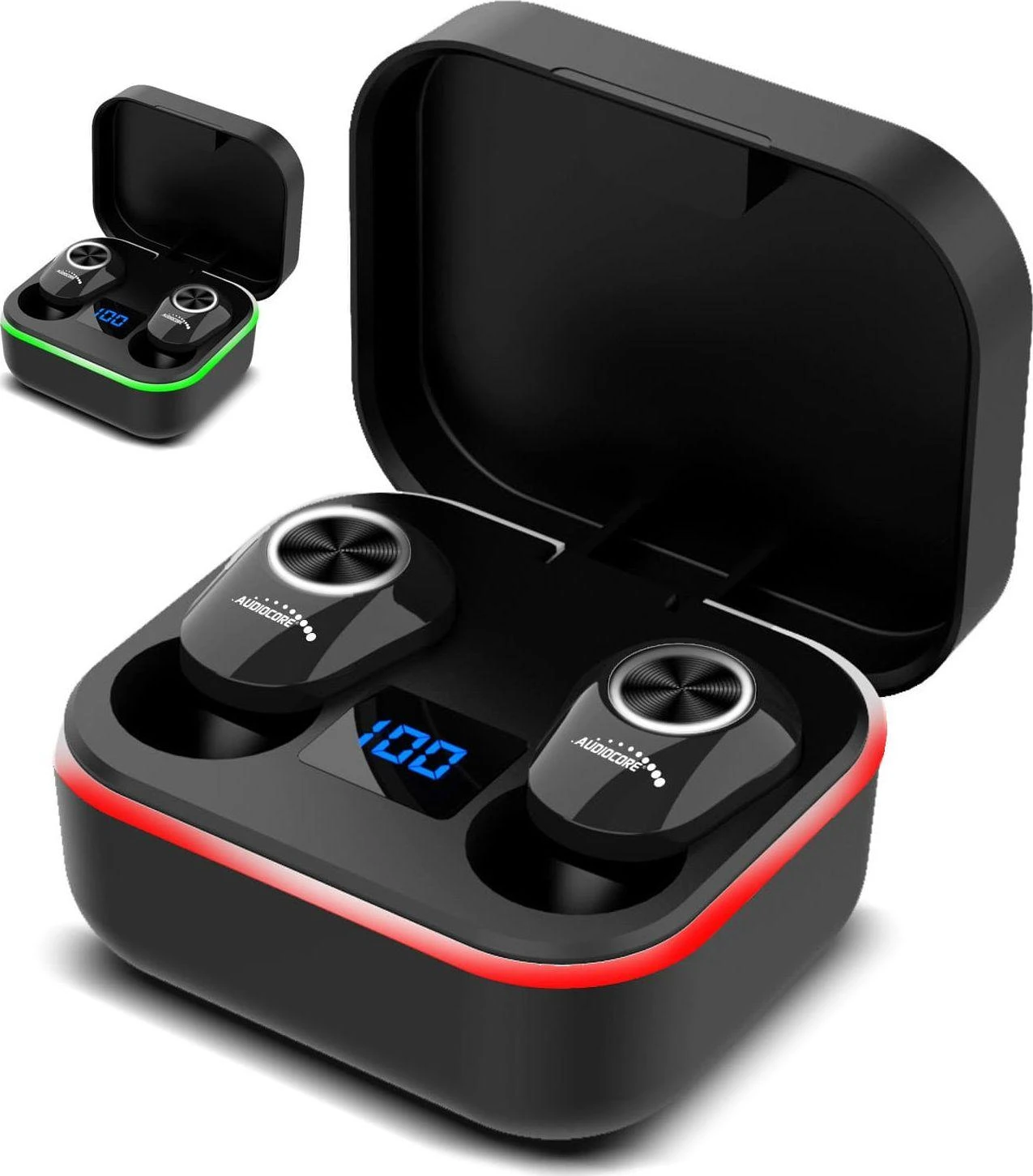 Audiocore AC580 su įkrovimo dėklu ir baterijos indikacija