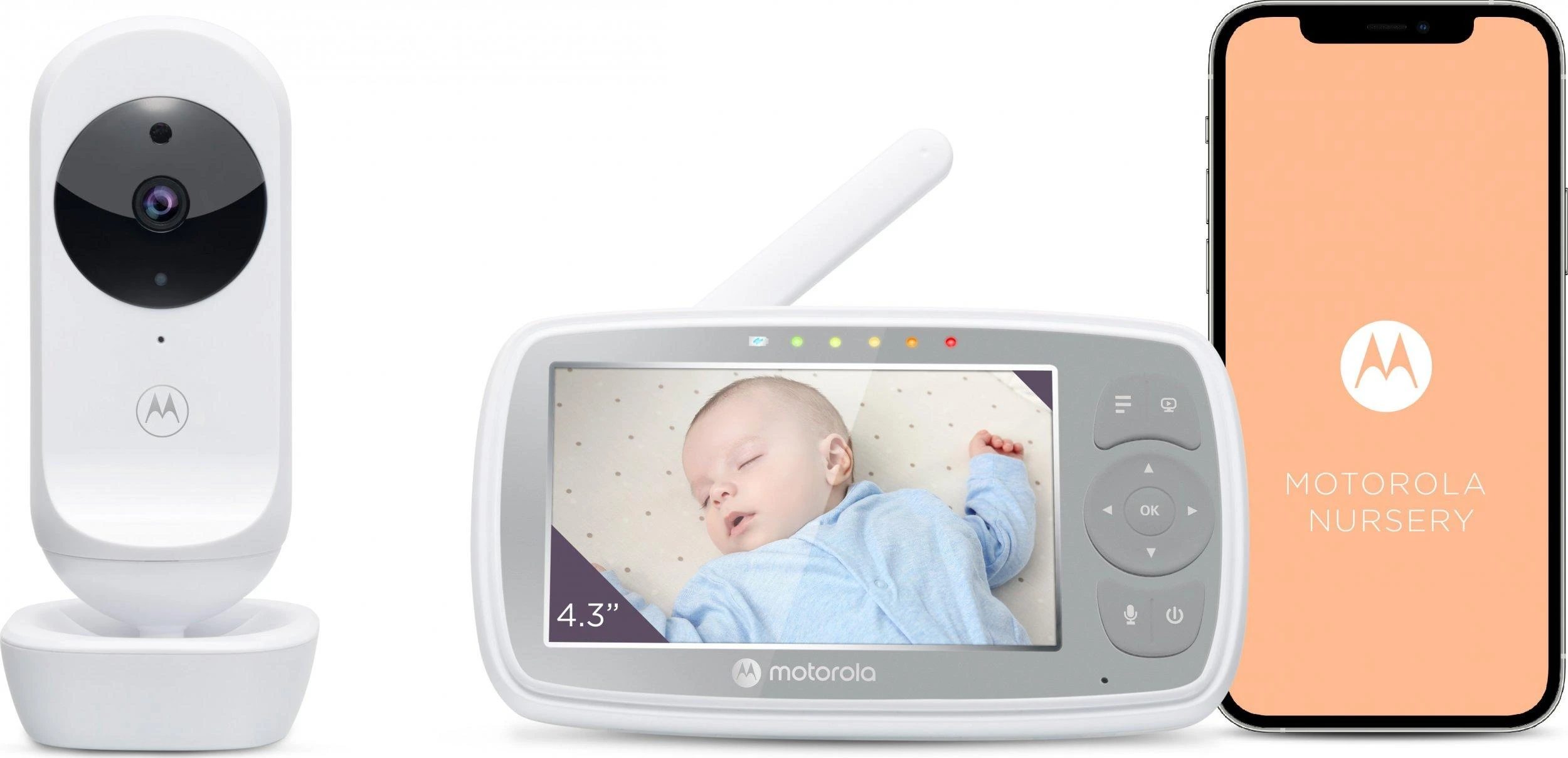 Kūdikio stebėjimo kamera Motorola VM44 4,3" HD, WIFI, Baltos/Pilkos spalvos