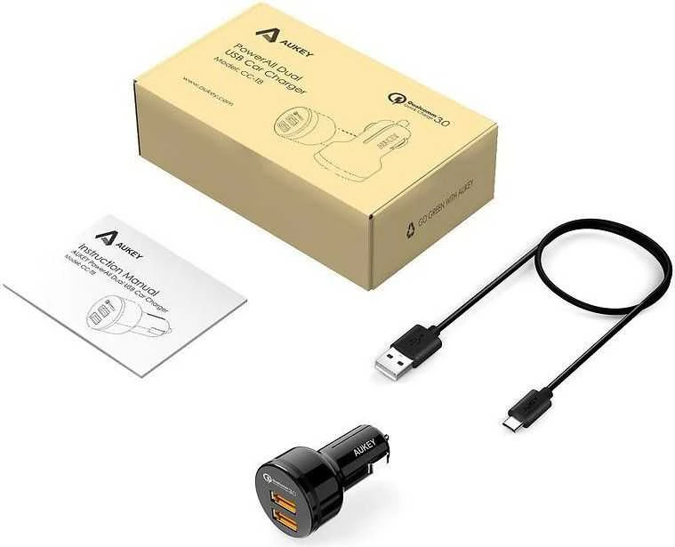 Aukey automobilinis įkroviklis 1.2 prievado (USB A tipo) su greito įkrovimo funkcija 3.0 CC-T8 Juodas