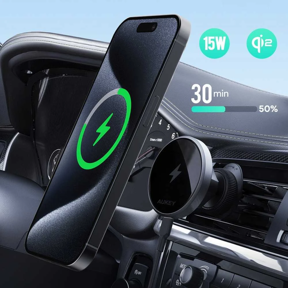 Automobilinis telefono laikiklis Aukey HD-MC13, su įkrovikliu 15W Qi2 (juodas)