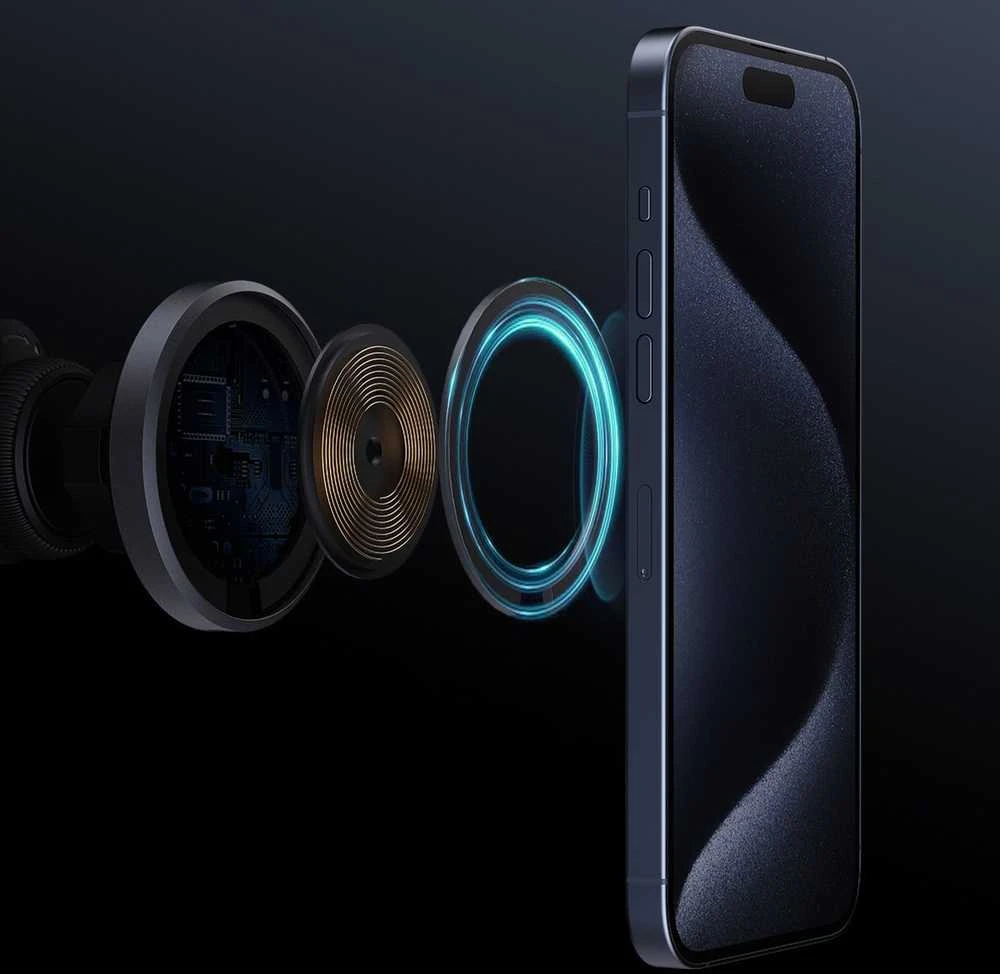 Automobilinis telefono laikiklis Aukey HD-MC13, su įkrovikliu 15W Qi2 (juodas)